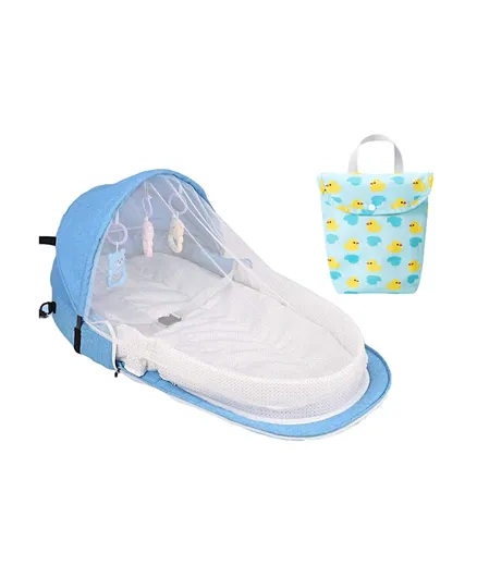 Star Babies Baby Essentials Baby Bed with Mosquito Net & Diaper Caddy Organiser - Blue