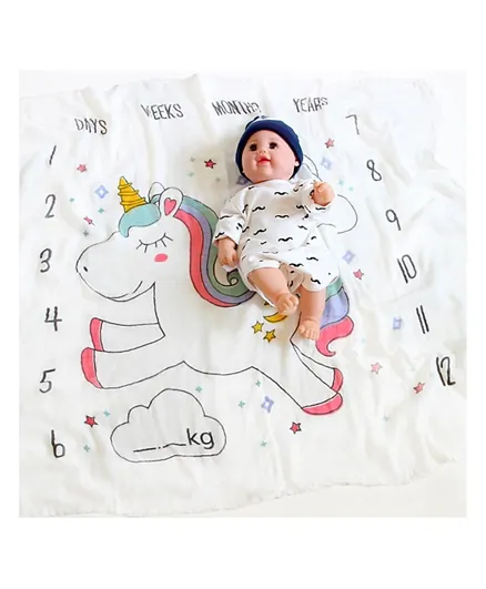 بطانية مراحل الطفل بطبعة يونيكورن مميزة من ليتل ستوري  - أبيض
