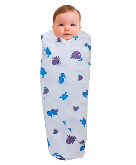 Wonder Wee Blue Sea Animals 44' Soft and Smooth Mulmul Fabric Baby Swaddle Wrap - Multicolour