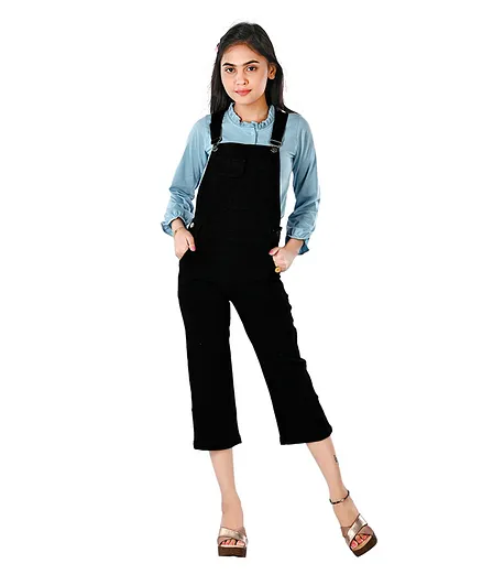 Flower Girl Denim Dungaree With Top - Black