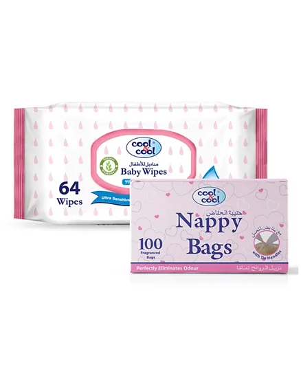 Cool & Cool 100 Nappy Bags + 64 Baby Wipes - Pink