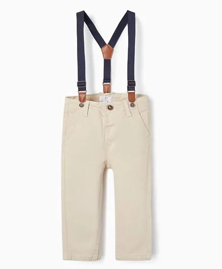 Zippy Cotton Solid Trousers With Suspenders Set - Beige