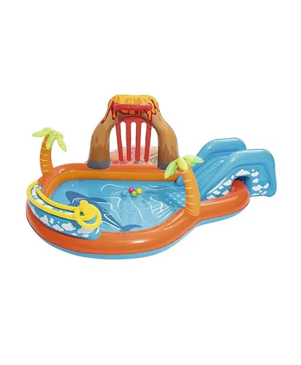 Bestway Lava Lagoon Inflatable Play Center 53069 for Kids 3 Years+, 265x265x104cm with Slide, Ring Toss & Sprayer