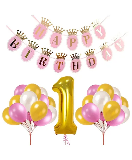 Party Propz Happy Birthday Banner with Metallic Balloons and One Number Foil Balloon Combo - Pack of 32