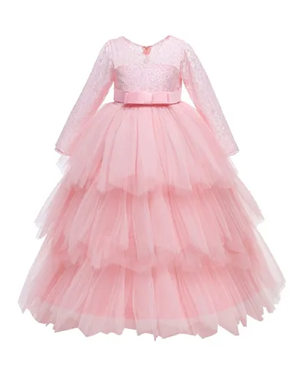 DDaniela Victoria Long Lace Detail Party Dress - Pink
