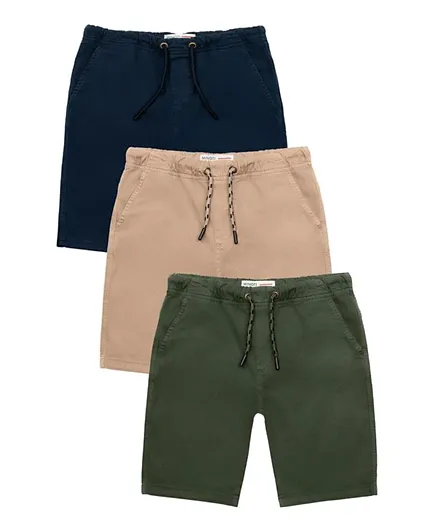 Minoti 3-Pack Solid Woven Shorts - Navy Blue/Beige/Olive Green