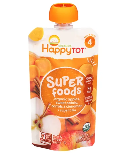 Happy Family Organic Stage 4 Super Foods Apples Sweet Potatoes Carrots & Cinnamon + Super Chia - 120g