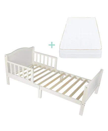 سرير خشبي للأطفال الصغار من مون مع مرتبة - أبيض