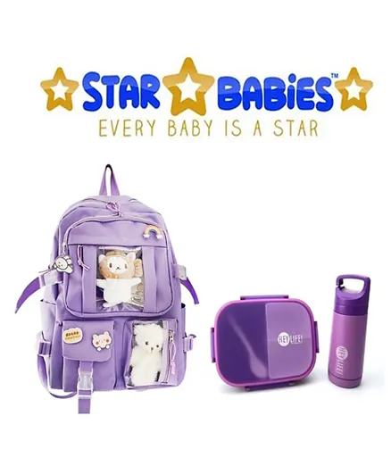Star Babies Back to School Backpack With Water Bottle & Lunch box Combo Set - 16 Inch
