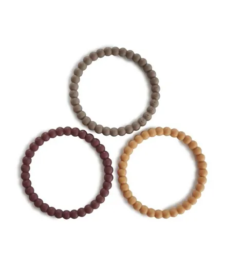 Mushie Silicone Pearl Teether Bracelets 3-Pack - Berry/Marigold/Khaki