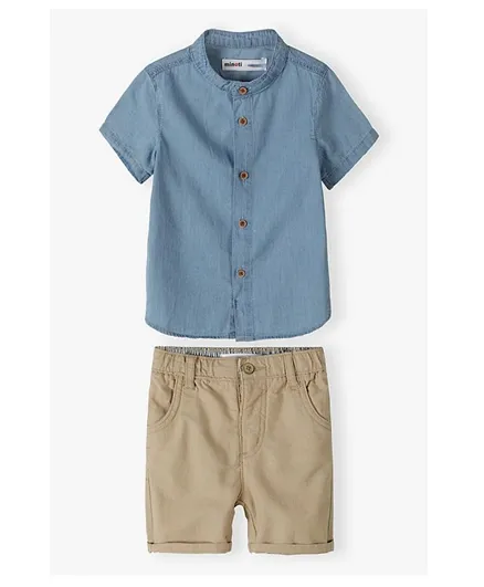 Minoti Cotton Solid Oxford Shirt & Chino Shorts Set - Beige/Blue