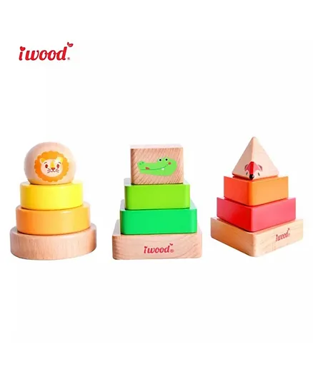 Iwood Wooden Geometric Sorter & Stacking Construction Set - 12 Pieces