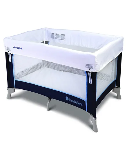 Foundation Worldwide Inc Snugfresh Celebrity Portable Travel Crib with Mattress included and Cover - White Blue