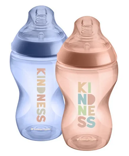 Tommee Tippee Closer to Nature Medium-Flow Baby Bottles with Anti-Colic Valve Be Kind Pink and Blue Pack of 2 - 340mL