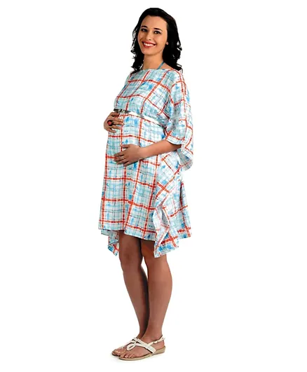 House of Napius Maternity Chequered Kaftan with Boat Neck - Blue