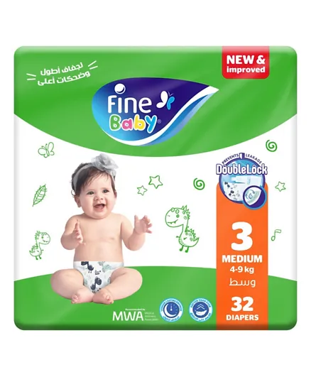 Fine Baby Diapers with Double Lock Leak Barriers Medium Size 3 - 32 Pieces