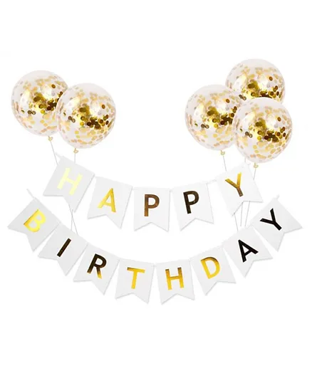 Highland White Happy Birthday Banner & Golden Confetti  Balloon Set for Birthday Decortaion - Set of 9