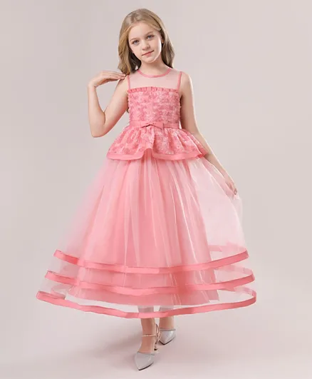 Babyqlo Layered Hem Mesh Long Party Dress - Pink