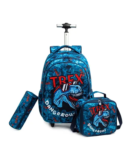 حقيبة المدرسة على عجلات بتصميم ديناصور تي-ريكس من إيزي كيدز مع حقيبة غداء ومقلمة - أزرق - 18 بوصة