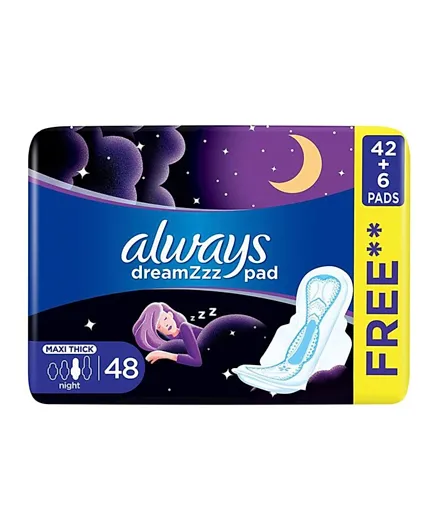 Always Dreamzz Pad Clean & Dry Maxi Thick Night Long Sanitary Pads with Wings - 48 Pieces