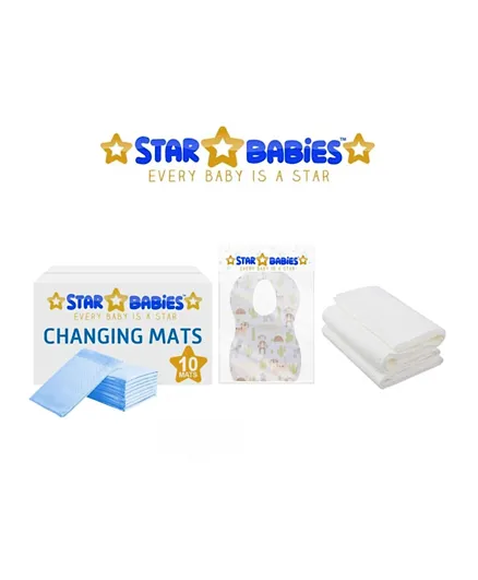 Star Babies Changing Mat 10 Pieces +  Disposable Towel 3 Pieces + Bibs 10 Pieces - Blue