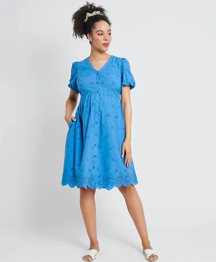 JoJo Maman Bebe Short Sleeved Broderie Buttoned Maternity Dress - Blue