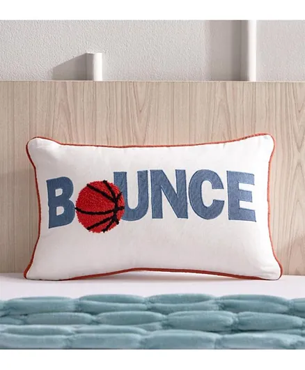 HomeBox Arcade Bounce Printed Embroidered Cotton Filled Cushion With Piping - White