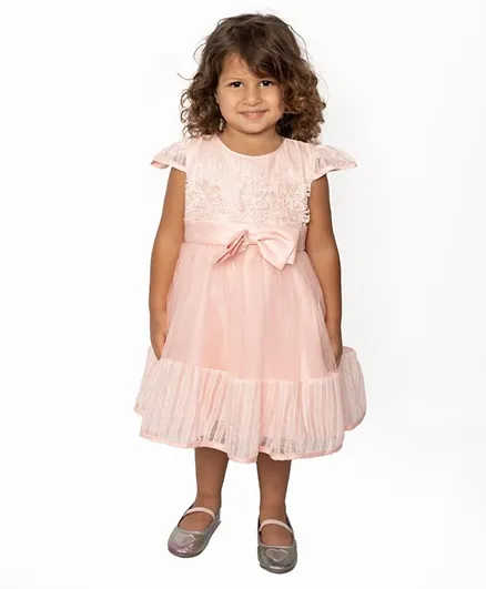 DDANIELA Front & Back Bow Detailing Embroidered Party Dress - Pink