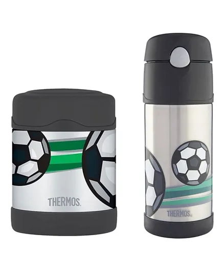 Thermos Football Funtainer Stainless Steel Food Jar 290 ML   Thermos Funtainer Steel Hydration Bottle 355 ML - Combo