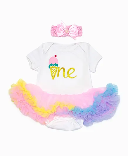 Babyqlo One Graphic Birthday Tutu Dress With Headband Set - Multicolor