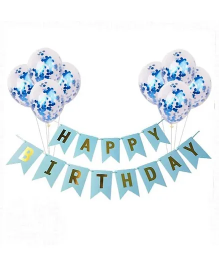 Highland Blue Happy Birthday Banner &  Confetti  Balloon Set for Boy's Birthday Decoration - Set of 9