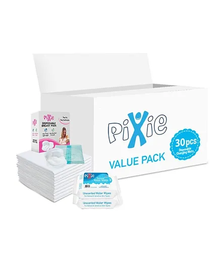 Pixie Disposable Changing Mats 30 + Pixie Breast Pad 30 + Pixie Water Wipes 36 x2