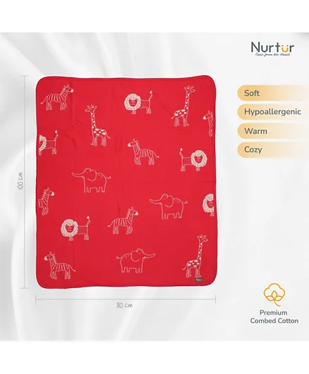 Nurtur 100% Cotton Knitted Baby Blanket Animals - Red