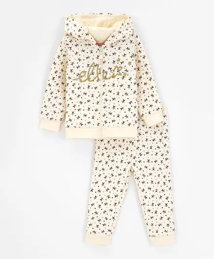 Elle All Over Star Print Zip Through Hoodie and Joggers/Co-ord Set - Cream