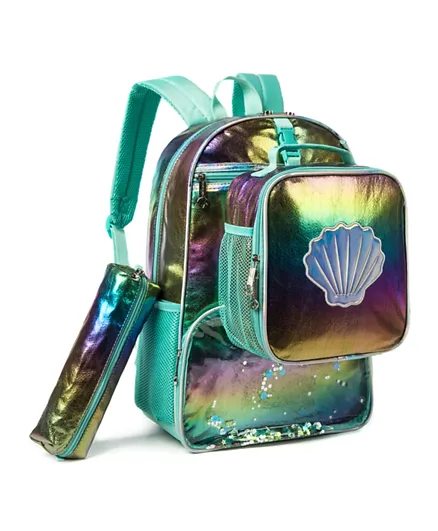 Eazy Kids Mermaid Shell School Bag Lunch Bag and Pencil Case Kit Green - 16 Inches