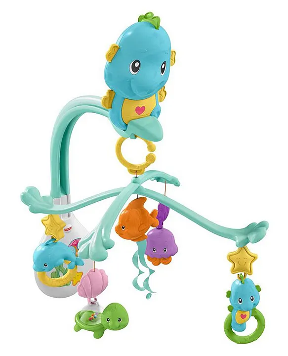 Fisher Price 3 in 1 Soothe Play Seahorse Mobile Musical Cot Toy with Rattles Blue