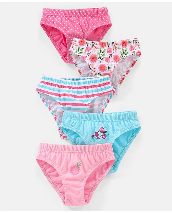 Babyhug 100 Cotton Polka Dots Floral Print Panties Pack of 5 Turquoise Pink White