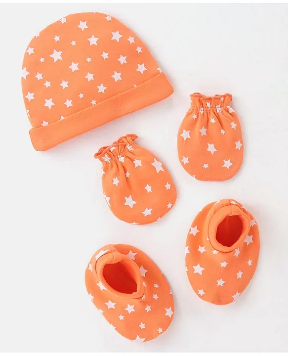 Babyhug 100 Cotton Knit Cap Mittens Booties Set Stars Print Orange