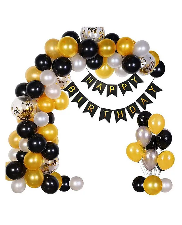 Highlands Happy Birthday Banner & Black Gold Silver Balloons for