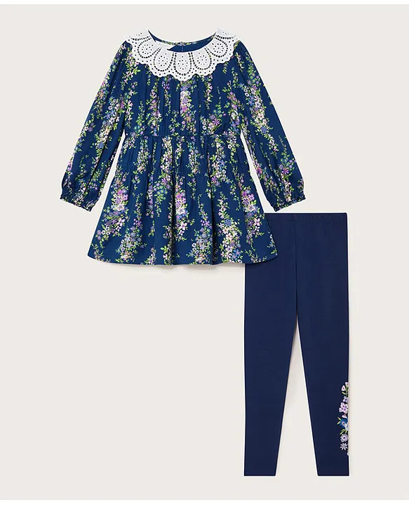 Monsoon Children Floral Printed Dress With Leggings Set Navy