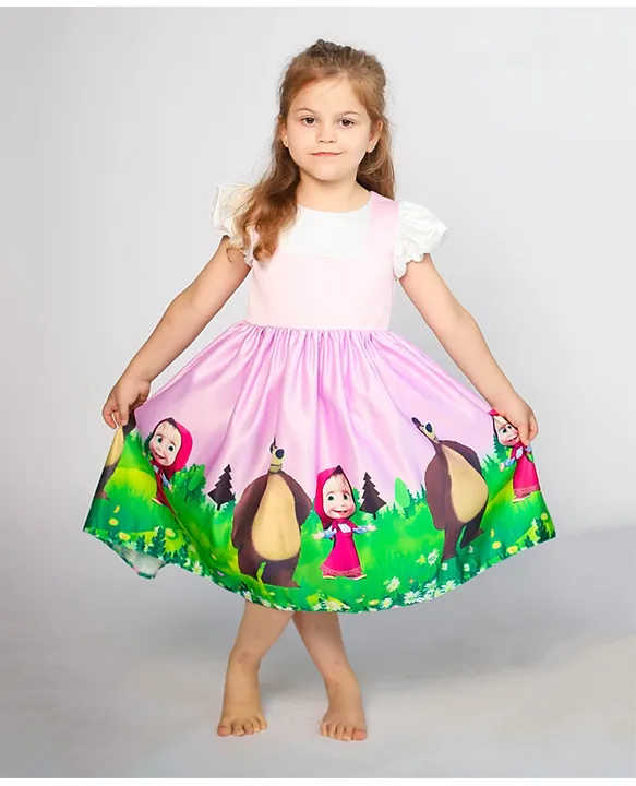 Hoity Moppet Masha And Bear Embroidered Tulle Flare Dress | Multi Color,  Masha, Satin, Round Neck, Sleeveless For Girls | Flare dress, Aza fashion,  Kids dress