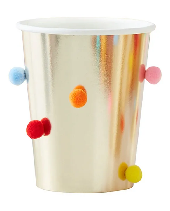 Ginger Ray Gold Foil with Bright Rainbow Pom Poms Paper Party Cups 8 Pack 