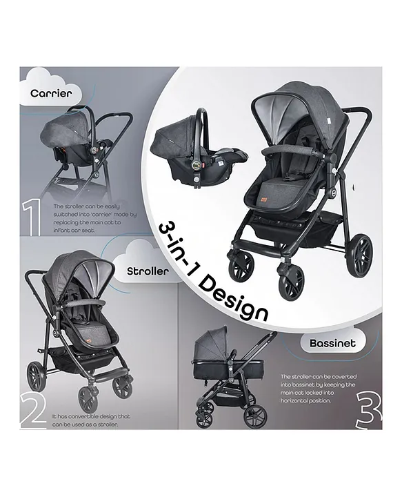 Moon Tres 3 in 1 Travel System Stroller Light Grey 0 3 Years Soft Padding Large Storage Canopy Foldable Lightweight