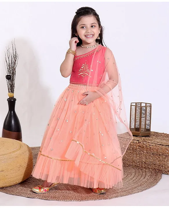 Buy Babyhug One Shoulder Embroidered Choli and Glitter Printed Lehenga Pink Peach for Girls 18 24Months Online in UAE Shop at FirstCry.ae 9809635