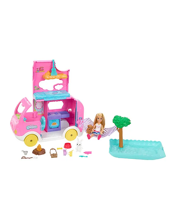 Barbie Chelsea Camper Playset 19Piece Set with Doll Pets Transforming Vehicle for Ages 3 Online UAE Buy Dolls and Dollhouses for 3 10Years at FirstCry.ae a60a4ae2f4142