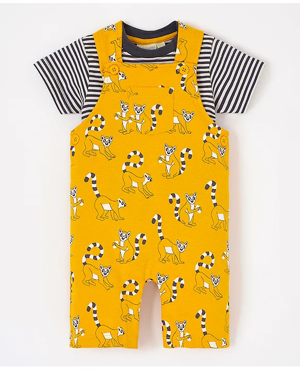 Buy JoJo Maman Bebe Lemur Print Dungaree with TShirt Set Mustard for Boys 3 6Months Online in UAE Shop at FirstCry.ae aa6c1ae6a2b41