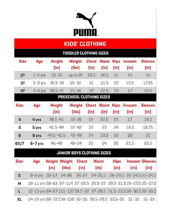 Puma baby on sale clothes size chart