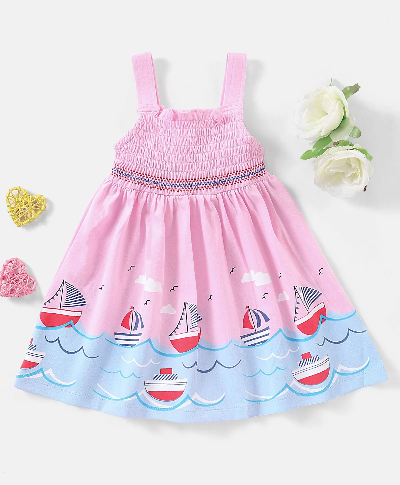 Buy Babyhug 100% Cotton Knit Sleeveless Frock Boat Print - Pink for ...