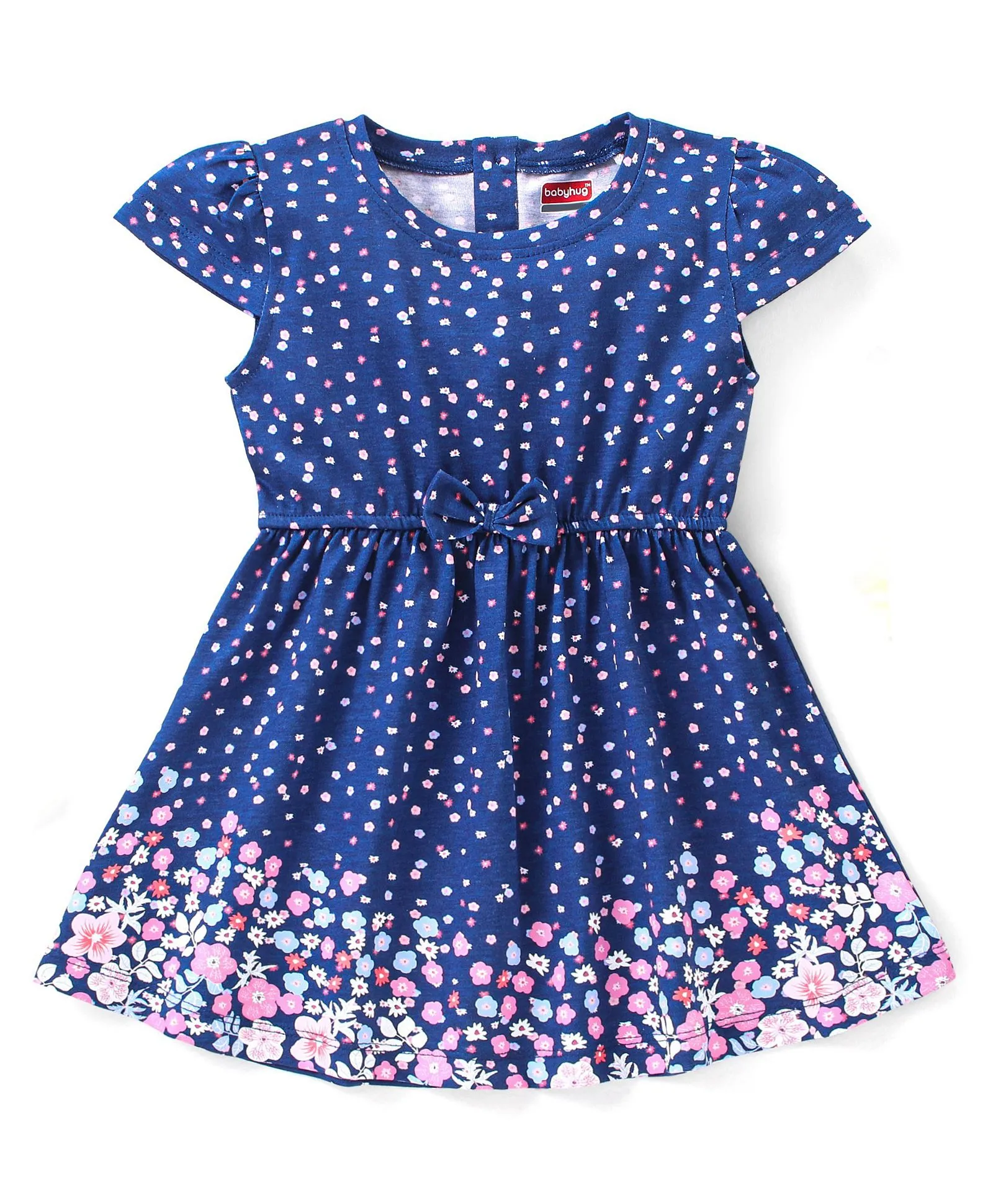 Buy Babyhug 100% Cotton Knit Cap Sleeves Frock Floral Print - Navy Blue ...