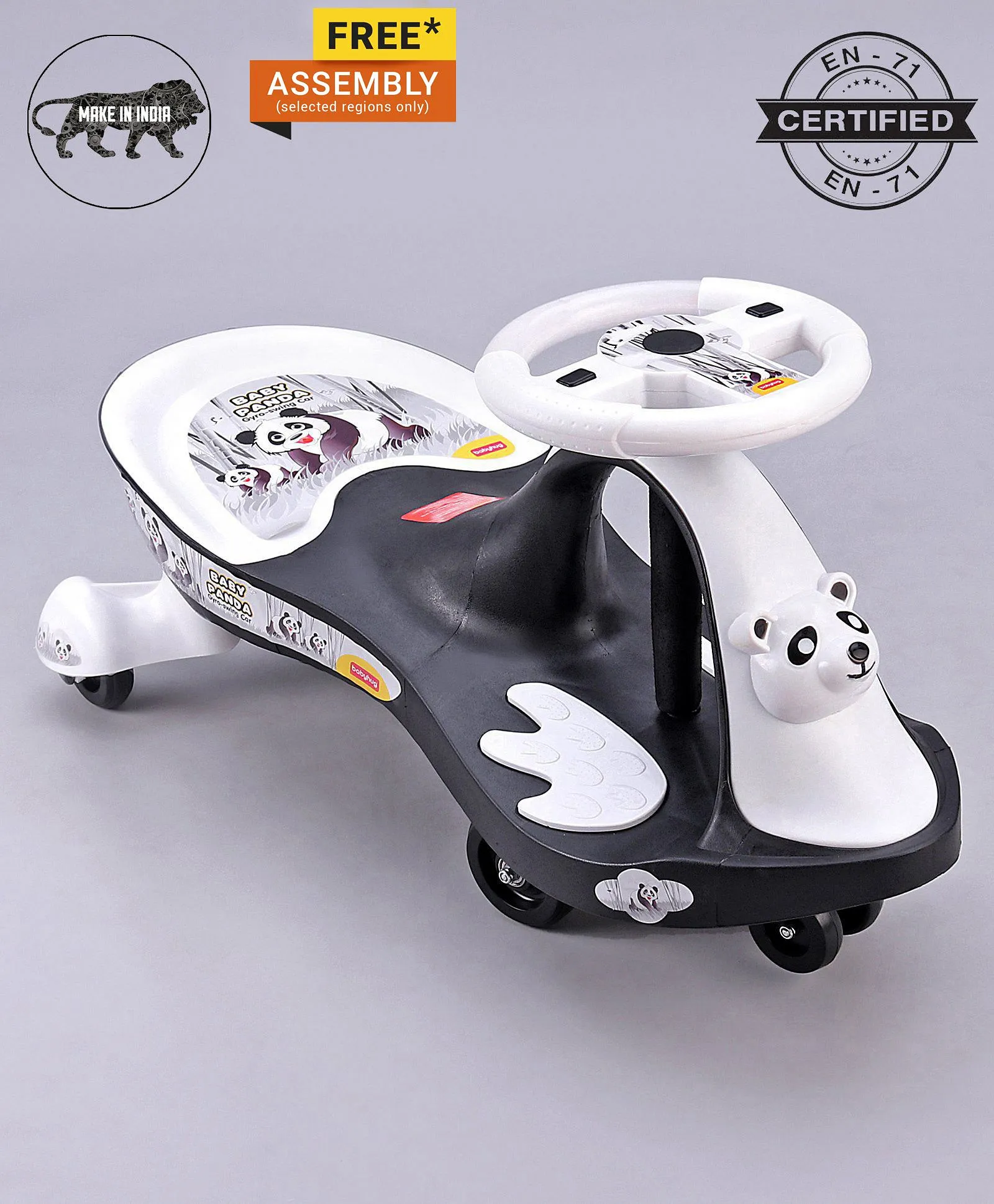 Babyhug Panda Gyro Swing Car with Music Lights 180 Turn Age 3 78 x 36 x 38 cm Black White Sturdy Safe Online in UAE Buy at Best Price from FirstCry.ae 650955